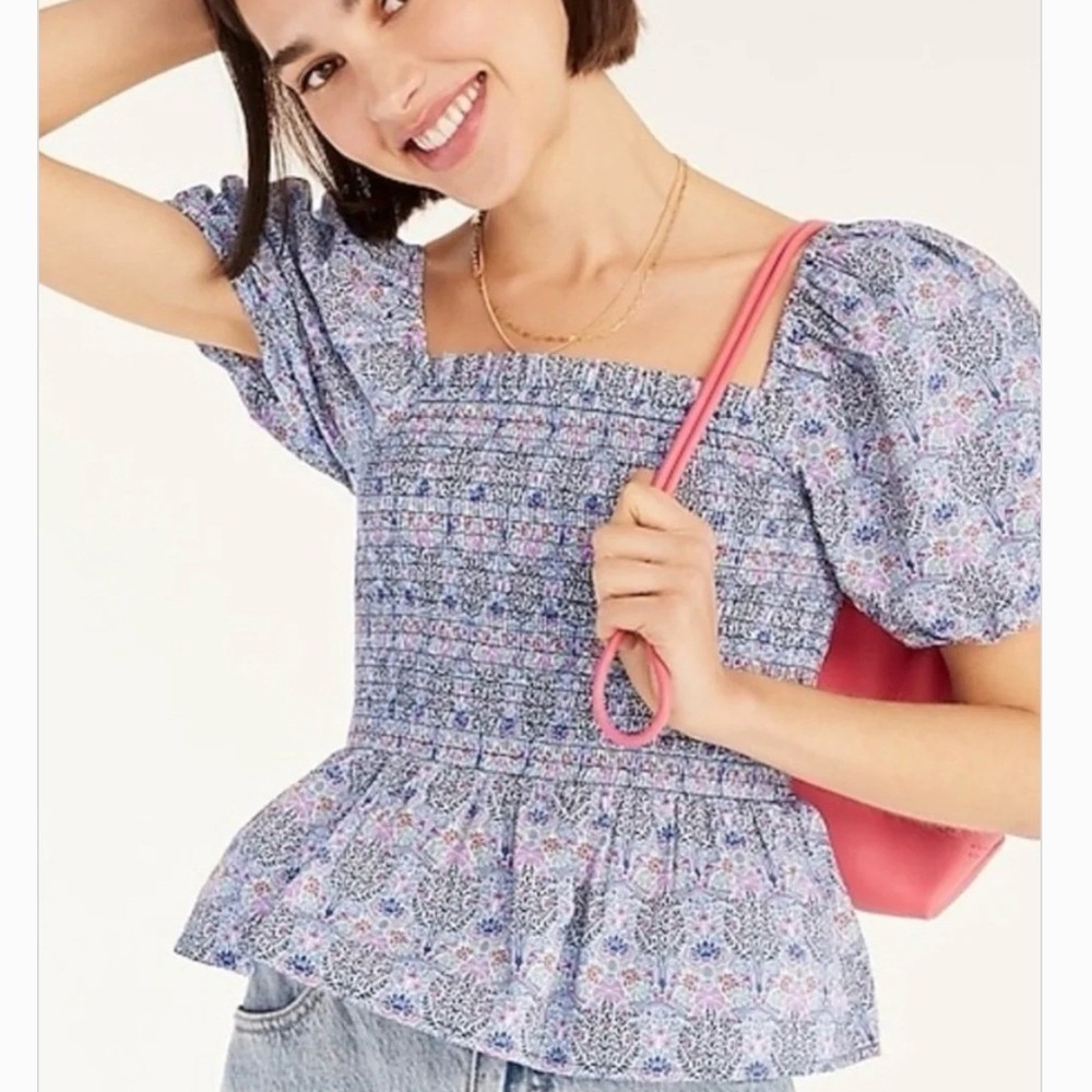 J.‎ Crew Liberty of London Floral Smocked Peplum Squareneck Puff Sleeve Top SZS